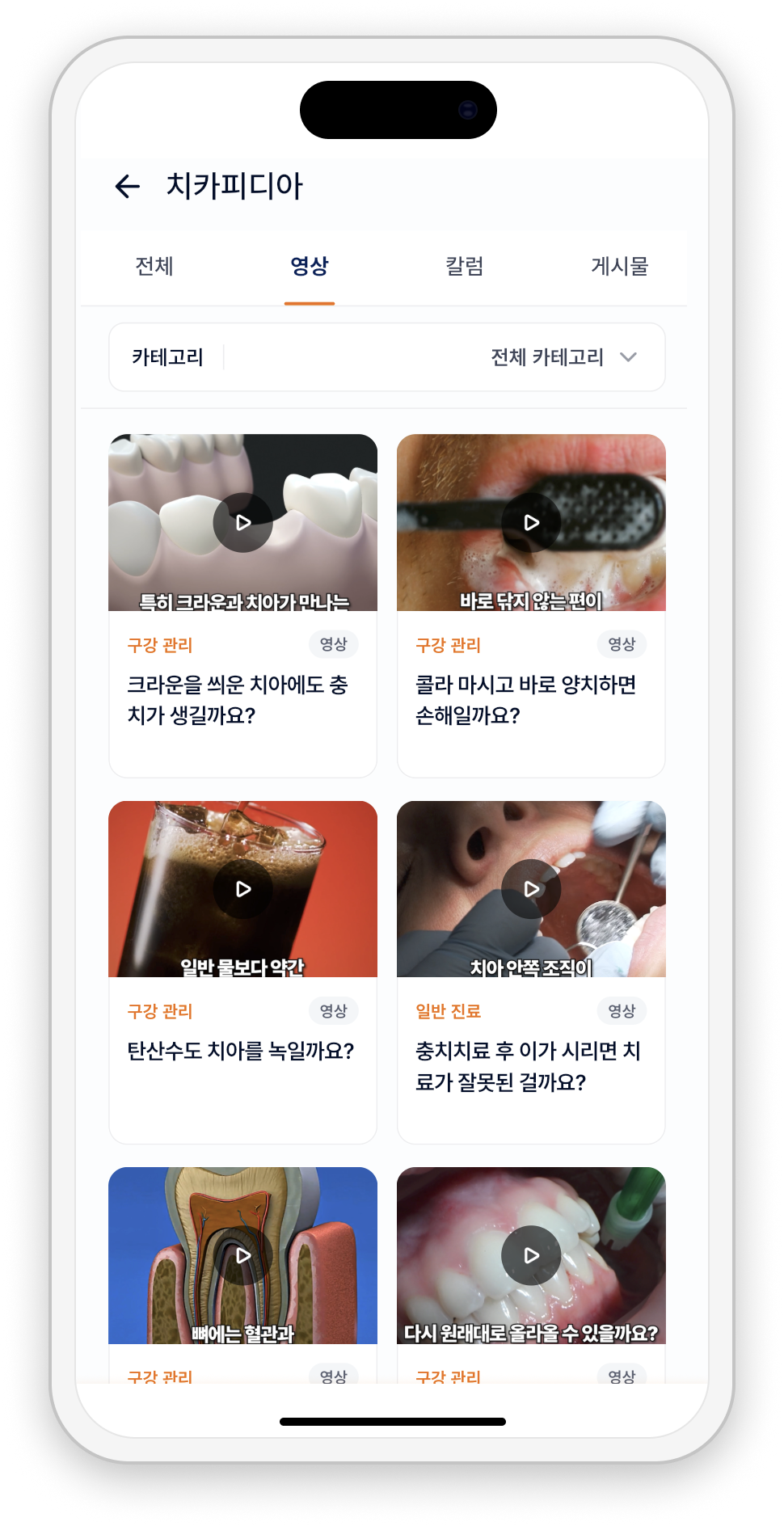 치과 정보를 영상으로 살펴보는 치카피디아 화면 예시